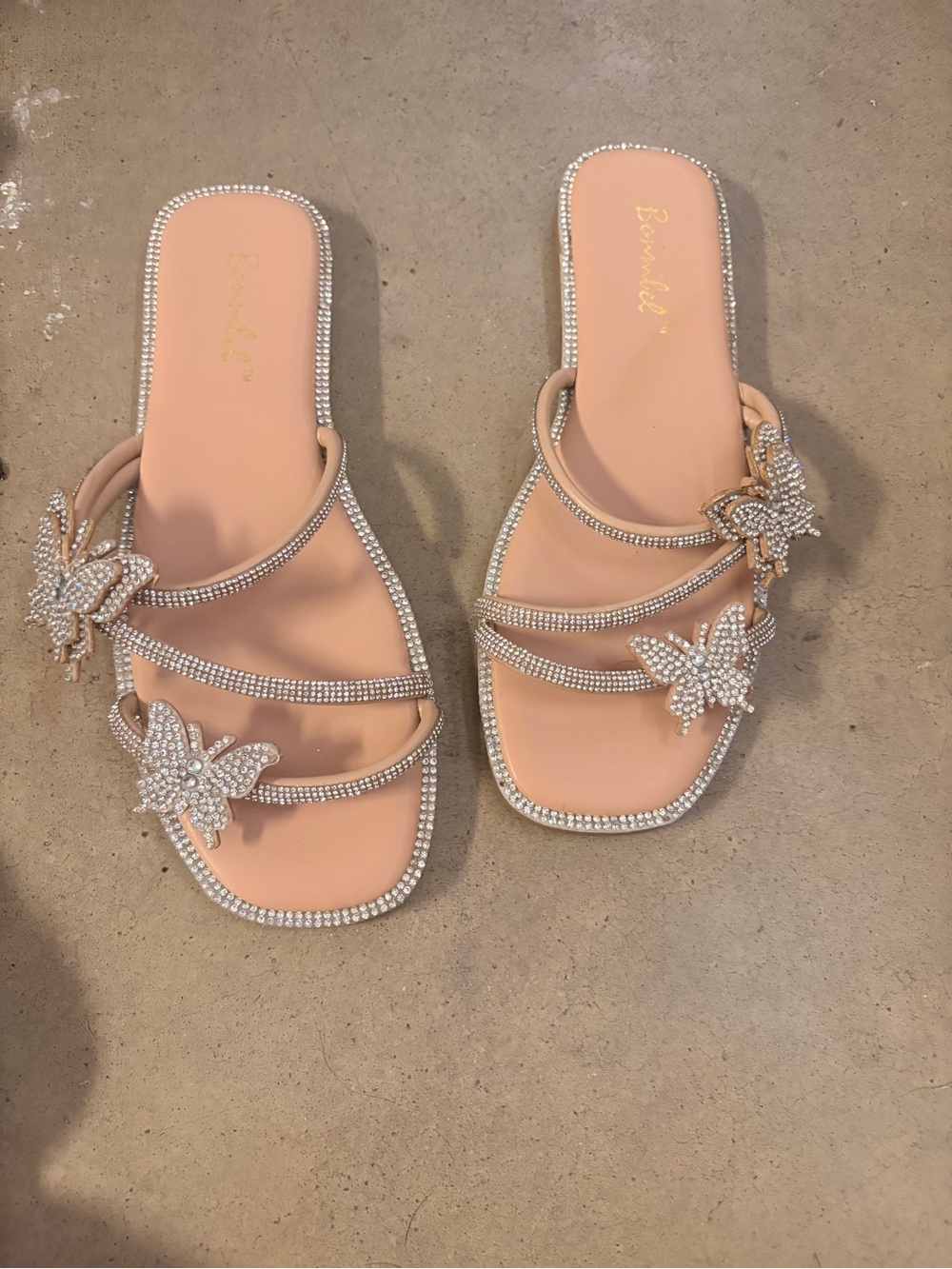 Bejeweled Butterfly Slide Sandals - Blush